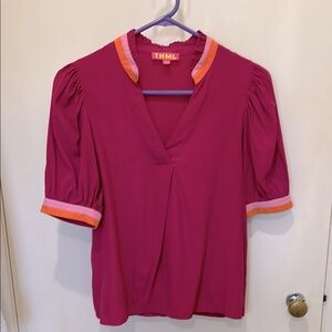THML Puff Sleeve Pink Blouse with Orange and Light Pink Trim Size Small